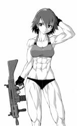 Rule 34 | 1girl, abs, arm up, armpits, assault rifle, collarbone, earrings, ebr-kii, gloves, greyscale, gun, hand on own head, highres, holding, holding gun, holding weapon, jewelry, monochrome, muscular, muscular female, navel, original, rifle, short hair, solo, sports bra, stomach, tagme, underwear, weapon