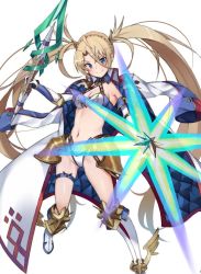 Rule 34 | 1girl, adapted costume, armor, beam shield, beriko (dotera house), blonde hair, blue eyes, boots, bradamante (fate), bradamante (third ascension) (fate), braid, breasts, cleavage, coat, commentary request, crown braid, elbow gloves, fate/grand order, fate (series), faulds, french braid, gloves, hair ornament, highres, jacket, jacket on shoulders, knee boots, long hair, looking at viewer, medium breasts, navel, open clothes, open coat, scepter, smile, solo, thigh strap, twintails, very long hair, white background