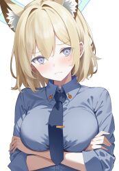 Rule 34 | 1girl, alternate hairstyle, aqua halo, blonde hair, blue archive, blue eyes, blue necktie, blue shirt, blush, breasts, commentary request, crossed arms, halo, head tilt, highres, kanna (blue archive), large breasts, looking at viewer, medium hair, necktie, raimu (clanberry000), sharp teeth, shirt, simple background, sleeves rolled up, solo, teeth, upper body, white background