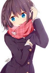 Rule 34 | 1girl, :3, arm up, artist name, black hair, black jacket, blush, braid, buttons, cat, hair ornament, hand on own chest, heart, heart hair ornament, jacket, looking away, motion lines, open mouth, original, plaid, plaid scarf, ragho no erika, red scarf, scarf, simple background, single braid, solo, sweater, wavy mouth, white background, white sweater
