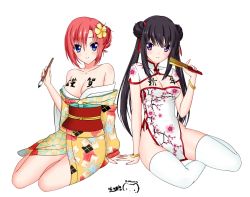 Rule 34 | 10s, 2016, 2girls, black hair, blue eyes, blush, body writing, breasts, china dress, chinese clothes, cleavage, dress, folded fan, folding fan, hand fan, highres, japanese clothes, kimono, large breasts, long hair, looking at viewer, medium breasts, multiple girls, nail polish, nengajou, new year, off shoulder, original, paintbrush, ppshex, purple eyes, red hair, short hair, smile, thighhighs, twintails
