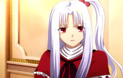Rule 34 | 1girl, anime coloring, fate/zero, fate (series), female focus, hair bobbles, hair ornament, irisviel von einzbern, long hair, mystic square, parody, parted bangs, parted lips, red eyes, shinki (touhou), side ponytail, solo, style parody, touhou, touhou (pc-98), turtleneck, white hair, woofey