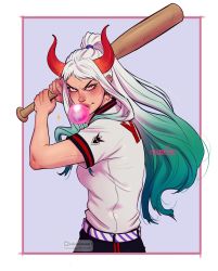 Rule 34 | 1girl, alternate costume, baseball bat, baseball uniform, blowing bubbles, chewing gum, contemporary, curled horns, earrings, green hair, highres, holding, holding baseball bat, horns, jewelry, lips, long hair, multicolored hair, nose, one piece, orange eyes, orange horns, ponytail, red horns, solo, sportswear, upper body, valentina tavolilla, very long hair, white hair, yamato (one piece)