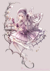 Rule 34 | 1girl, bonnet, bow, bug, butterfly, butterfly wings, flower, food, gloves, hane segawa, high heels, highres, insect, insect wings, lolita fashion, macaron, original, pink eyes, purple gloves, simple background, sitting, solo, white hair, wings, yellow gemstone