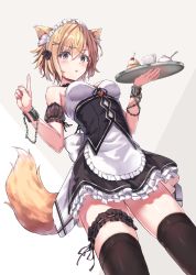 Rule 34 | 1girl, animal ear fluff, animal ears, apron, black thighhighs, blonde hair, breasts, bridal garter, chacha zo, dress, frilled apron, frilled dress, frills, from below, grey eyes, highres, holding, holding tray, maid apron, maid headdress, original, short dress, short hair, sleeveless, sleeveless dress, small breasts, tail, thighhighs, tray, waist apron, white apron