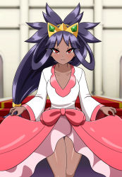 Rule 34 | 1girl, alternate costume, alternate hairstyle, black hair, bow, breasts, child, cleavage, clenched hands, collarbone, creatures (company), dark-skinned female, dark skin, diadem, dress, dress bow, eyelashes, feet, fingernails, flat chest, formal, game freak, gen 5 pokemon, half-closed eyes, highres, holding, holding clothes, holding skirt, indoors, iris (pokemon), legs, long hair, neck, nintendo, official alternate costume, pink dress, pokemon, pokemon bw2, red eyes, ribbon, sandals, seductive smile, shiny clothes, shiny skin, sidelocks, skirt, smile, standing, thighs, tiara, toes, two-tone dress, very long hair, wide dress, wide ponytail, yensh