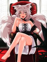Rule 34 | 1girl, a:n (angrynum), animal ears, armchair, bad id, bad pixiv id, barefoot, chair, choker, cross-laced clothes, crossed legs, dress, fang, feet, fox ears, fox tail, grey hair, helena (angry num), highres, jewelry, legs, looking to the side, multiple tails, open mouth, original, ring, short hair, sitting, solo, strapless, strapless dress, tail, toes, white dress, yellow eyes