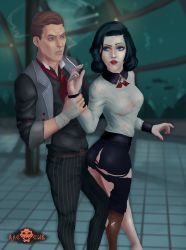 Rule 34 | 1boy, 1girl, age difference, ass, bioshock, bioshock (series), bioshock infinite, black hair, blue eyes, booker dewitt, breasts, captured, cigarette, corset, disability, elizabeth (bioshock infinite), forced, headpat, highres, incest, neck ribbon, penis, ribbon, sex, sex from behind, thimble, torn clothes, unbuttoned, underwater