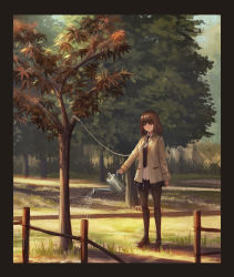 Rule 34 | 1girl, bad id, bad pixiv id, black border, border, brown hair, chinese commentary, commentary request, day, fence, highres, holding, necktie, noose, original, outdoors, pantyhose, scenery, school uniform, smile, solo, standing, tree, watering, watering can, yurichtofen