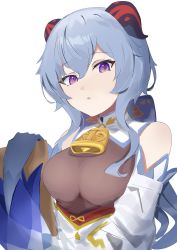 Rule 34 | 1girl, :o, absurdres, bare shoulders, bell, blue gloves, blue hair, bow, breasts, detached sleeves, evening rabbit, ganyu (genshin impact), genshin impact, gloves, highres, horns, long hair, looking at viewer, medium breasts, neck bell, purple eyes, sidelocks, solo, upper body, white background, white sleeves