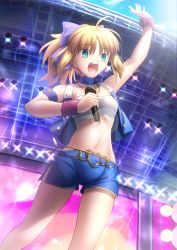 Rule 34 | 1girl, ahoge, armband, artoria pendragon (all), artoria pendragon (fate), bandeau, bare shoulders, blonde hair, bow, choker, cowboy shot, fate/grand order, fate (series), hair bow, hand up, highres, holding, holding microphone, medium hair, messy hair, microphone, midriff, navel, official alternate costume, official alternate hairstyle, open mouth, purple eyes, purple shorts, revision, saber (fate), shoori (migiha), shorts, sidelocks, smile, solo, sweat, teeth, thighs, tongue, wrist cuffs