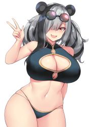 Rule 34 | 1girl, animal ears, arknights, arm behind back, bare shoulders, bikini, black-framed eyewear, black bikini, black hair, breasts, cleavage, cleavage cutout, clothing cutout, cowboy shot, curvy, eyewear on head, fang, feater (arknights), hair over one eye, hand up, huge breasts, kuavera, large breasts, lips, long hair, looking at viewer, multi-strapped bikini, multicolored hair, navel, open mouth, panda ears, raised eyebrow, red eyes, round eyewear, silver hair, simple background, skin fang, smile, solo, streaked hair, sunglasses on head, swimsuit, thick thighs, thighs, tongue, w, white background, wide hips