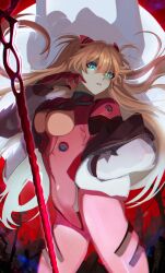 Rule 34 | 1girl, artist request, blue eyes, bodysuit, breasts, brown hair, curvy, floating hair, glowing, glowing eyes, highres, interface headset, jacket, lance, lance of longinus (evangelion), long hair, looking at viewer, medium breasts, neon genesis evangelion, open clothes, open jacket, plugsuit, polearm, red bodysuit, shiny clothes, simple background, skin tight, solo, souryuu asuka langley, two side up, very long hair, weapon, wide hips