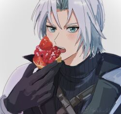 Rule 34 | 1boy, aged down, armor, black coat, black gloves, blue eyes, blurry edges, chest strap, coat, dessert, eating, final fantasy, final fantasy vii, final fantasy vii ever crisis, food, food request, gloves, grey background, grey hair, hand up, hnsk 013, holding, holding food, looking at viewer, male focus, open mouth, pauldrons, sephiroth, short hair, shoulder armor, simple background, solo, turtleneck