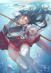 Rule 34 | 10s, 1girl, air bubble, akagi (kancolle), arm up, bag, belt, black hair, bow (weapon), brown eyes, bubble, clothes lift, deme (karesuki), eyelashes, floating hair, hakama, hakama short skirt, hakama skirt, highres, holding, holding weapon, japanese clothes, kantai collection, long hair, long sleeves, muneate, no shoes, nontraditional miko, open mouth, outstretched arm, quiver, red ribbon, red skirt, ribbon, skirt, skirt lift, solo, tasuki, thigh gap, thighhighs, underwater, weapon, white thighhighs, wide sleeves