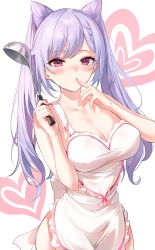 Rule 34 | 1girl, apron, bare arms, bare shoulders, braid, breasts, cleavage, collarbone, cone hair bun, cowboy shot, emyo, finger to mouth, frilled apron, frills, genshin impact, hair bun, hair ears, hands up, heart, heart apron, heart background, holding, keqing (genshin impact), ladle, large breasts, long hair, looking at viewer, midriff peek, naked apron, purple hair, red eyes, shushing, solo, twintails, waist apron, white apron, white background