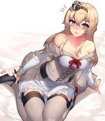 Rule 34 | 10s, 1girl, bad id, bad pixiv id, bare shoulders, blonde hair, blue eyes, blush, braid, breasts, capelet, cleavage, crown, french braid, hairband, high heels, highres, jjune, kantai collection, large breasts, long hair, long sleeves, looking at viewer, mini crown, off shoulder, sitting, solo, thigh gap, thighhighs, wariza, warspite (kancolle), wide hips, zettai ryouiki