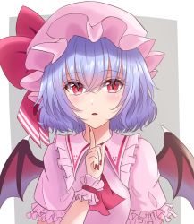 Rule 34 | 1girl, ascot, bat wings, blue hair, blush, border, bow, commentary, dress, fang, finger to own chin, frilled sleeves, frills, grey background, hair between eyes, hat, hat bow, highres, index finger raised, looking at viewer, mob cap, nail polish, outside border, parted lips, pink dress, pink hat, puffy short sleeves, puffy sleeves, red ascot, red bow, red eyes, red nails, remilia scarlet, short hair, short sleeves, simple background, solo, souyoru, touhou, upper body, white border, wings, wrist cuffs
