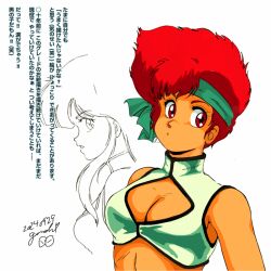 2girls breasts cleavage cleavage_cutout clothing_cutout commentary_request crop_top dark-skinned_female dark_skin dated dirty_pair gamoh_hidetaka green_headband headband kei_(dirty_pair) medium_breasts multiple_girls partially_colored red_eyes red_hair short_hair translation_request yuri_(dirty_pair)