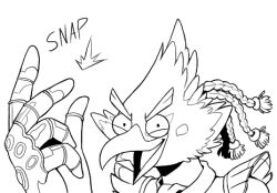 Rule 34 | 1boy, arijuno, avengers (series), beak, bird boy, blush stickers, body fur, braid, english text, furry, furry male, gauntlets, greyscale, hair tie, hand up, infinity gauntlet, looking at viewer, lowres, male focus, marvel, monochrome, nintendo, portrait, quad tails, revali, rito, scarf, short hair, shoulder pads, simple background, sketch, snapping fingers, solo, the legend of zelda, the legend of zelda: breath of the wild, v-shaped eyebrows, white background, winged arms, wings