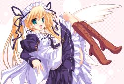 Rule 34 | 00s, 1girl, :d, blonde hair, blush, boots, green eyes, hair ribbon, happiness!, highres, hiiragi anri, long hair, maid, open mouth, ribbon, smile, solo, tenmaso, twintails