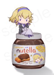 Rule 34 | 1girl, blonde hair, blue eyes, blue hairband, chibi, constance von nuvelle, fire emblem, fire emblem: three houses, grey shirt, grey skirt, hairband, hand fan, highres, holding, holding fan, juliet sleeves, long skirt, long sleeves, looking at viewer, nintendo, nutella, puffy sleeves, sample watermark, shadow, shirt, short hair, simple background, sitting, skirt, smile, smkittykat, solo, watermark, white background