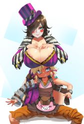 Rule 34 | 2girls, age difference, areola slip, bad id, bad pixiv id, bandage on face, bandages, blonde hair, blue eyes, blush stickers, borderlands (series), borderlands 2, breast rest, breast suppress, breasts, breasts on head, brown hair, card, clenched teeth, collarbone, hair over one eye, hat, huge breasts, mad moxxi, makeup, mature female, mother and daughter, multiple girls, smile, stormcow, teeth, tiny tina, top hat