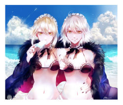 Rule 34 | 2girls, absurdres, ahoge, artoria pendragon (all), artoria pendragon (alter swimsuit rider) (fate), artoria pendragon (alter swimsuit rider) (fate) (cosplay), artoria pendragon (alter swimsuit rider) (second ascension) (fate), artoria pendragon (fate), beach, bikini, black bikini, blonde hair, blue sky, braid, breasts, cleavage, cloud, cloudy sky, commentary, cosplay, day, erenaibi, fate/grand order, fate/stay night, fate (series), french braid, gothic lolita, highres, holding, jeanne d&#039;arc (fate), jeanne d&#039;arc alter (fate), jeanne d&#039;arc alter (ver. shinjuku 1999) (fate), lolita fashion, looking at viewer, maid, maid bikini, maid headdress, medium breasts, multiple girls, ocean, official alternate costume, outdoors, saber (fate), saber alter, silver hair, sky, smile, swimsuit, unconventional maid, upper body, water, wicked dragon witch ver. shinjuku 1999, yellow eyes