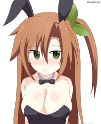 Rule 34 | 1girl, alternate breast size, arms behind back, blush, breasts, brown hair, cleavage, green eyes, hair ribbon, highres, if (neptunia), large breasts, leafy bow, leotard, long hair, neptune (series), playboy bunny, rabbit ears, ribbon, side ponytail, solo
