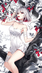 Rule 34 | 1girl, bandaged arm, bandaged leg, bandages, berry, bob cut, branch, breasts, cleavage, collarbone, colored inner hair, dress, feet out of frame, food in mouth, hand up, highres, in tree, leaf, multicolored hair, nardack, original, red eyes, red hair, shadow, short hair, signature, silver hair, sitting, sitting in tree, small breasts, snake, solo, strap slip, thighs, tree, white background, white dress, white theme