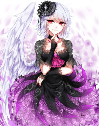 Rule 34 | 1girl, absurdres, adapted costume, alternate color, angel wings, ascot, bad id, bad pixiv id, black dress, black hat, breasts, bridal gauntlets, brooch, choker, cleavage, cross, dress, feathered wings, frilled choker, frills, hat, highres, jewelry, kishin sagume, large breasts, looking at viewer, nail polish, petticoat, purple nails, red eyes, sheya, short hair, short sleeves, single wing, smile, solo, touhou, white hair, white wings, wings