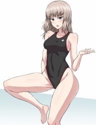 Rule 34 | 10s, 1girl, arm behind back, arm support, black one-piece swimsuit, blue eyes, blush, commentary request, competition swimsuit, covered navel, emblem, frown, gesture, girls und panzer, groin, highleg, highleg swimsuit, highres, itsumi erika, leg up, long hair, looking at viewer, muchabou, one-piece swimsuit, open mouth, silver hair, sitting, solo, swimsuit