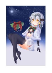 Rule 34 | 1girl, absurdres, apertio, bell, black gloves, black thighhighs, blush, christmas, fate/grand order, fate (series), gift, gloves, highres, jeanne d&#039;arc (fate), jeanne d&#039;arc alter santa lily (fate), ribbon, sitting, skirt, solo, thighhighs, white hair, yellow eyes