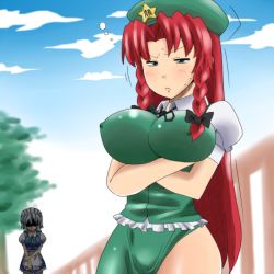 Rule 34 | 2girls, amazon (taitaitaira), apron, beret, blue eyes, blush, braid, breast envy, breast hold, breast lift, breasts, chinese clothes, crossed arms, covered erect nipples, female focus, hat, highres, hong meiling, impossible clothes, impossible shirt, izayoi sakuya, knife, large breasts, maid, maid apron, maid headdress, multiple girls, open mouth, red hair, ribbon, shirt, short hair, side slit, silver hair, skirt, touhou