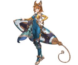 Rule 34 | 1girl, animal ears, armpits, blue eyes, body armor, breasts, cailana, erune, flower, full body, gold trim, granblue fantasy, hair flower, hair ornament, holding, long sleeves, looking at viewer, minaba hideo, official art, purple flower, red hair, sandals, short hair, skin tight, smile, solo, standing, star (symbol), transparent background