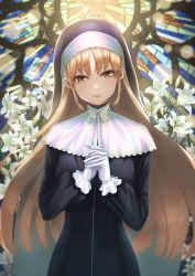 Rule 34 | 1girl, absurdres, black dress, blonde hair, capelet, dress, floating hair, flower, gloves, grin, head tilt, highres, holding hands, huge filesize, interlocked fingers, lily (flower), long hair, long sleeves, looking at viewer, neck ribbon, nijisanji, nun, ribbon, sister claire, sister claire (1st costume), smile, solo, stained glass, standing, tachibana yuu (shika), traditional nun, veil, very long hair, virtual youtuber, white capelet, white flower, white gloves, white ribbon, yellow eyes