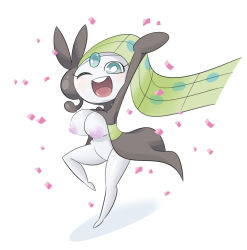 Rule 34 | 1girl, arm up, armpits, blue eyes, blush, breasts, creatures (company), egnahcio, female focus, full body, game freak, gen 5 pokemon, green hair, highres, large breasts, legendary pokemon, long hair, looking at viewer, meloetta, mythical pokemon, nintendo, nipples, no humans, one eye closed, open mouth, petals, pokemon, pokemon (creature), pokemon bw, puffy nipples, simple background, smile, solo, standing, standing on one leg, teeth, white background, wink