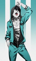 Rule 34 | 1boy, arizuka (catacombe), bad id, bad twitter id, black hair, blue background, contrapposto, cowboy shot, eating, food, fruit, gradient background, grey eyes, hand in pocket, highres, hood, hoodie, jewelry, jumpsuit, male focus, necklace, open mouth, original, pale skin, patterned background, red mask (arizuka), solo, standing, strawberry, striped, striped background, tattoo, unzipped, vertical stripes, white background