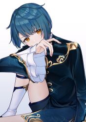 Rule 34 | 1boy, bishounen, blue hair, chinese clothes, genshin impact, highres, looking at viewer, male focus, nasioisi i, short hair, shorts, simple background, sitting, solo, thighs, white background, xingqiu (genshin impact), yellow eyes