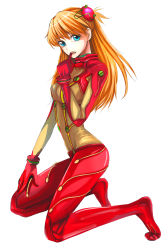 Rule 34 | 00s, 1girl, absurdres, blue eyes, bodysuit, evangelion: 2.0 you can (not) advance, finger in own mouth, full body, hair ornament, highres, kneeling, long hair, multicolored clothes, neon genesis evangelion, orange hair, plugsuit, rebuild of evangelion, red bodysuit, see-through, see-through bodysuit, shiny clothes, simple background, solo, souryuu asuka langley, test plugsuit, very long hair, wide hips