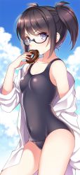 Rule 34 | 1girl, bare shoulders, black hair, blush, breasts, cloud, collarbone, covered navel, cowboy shot, day, doughnut, eating, food, glasses, holding, holding food, lab coat, looking at viewer, off shoulder, one-piece swimsuit, outdoors, pop&#039;n music, purple eyes, root@chou dou-ken, school swimsuit, shouni (sato3), small breasts, solo, standing, swimsuit, twintails, undressing