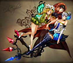 Rule 34 | 3girls, armor, armored dress, blonde hair, bow (weapon), brown background, brown eyes, chain, crop top, crossbow, dress, feathers, gwendolyn (odin sphere), mercedes (odin sphere), midriff, multiple girls, odin sphere, oyuyamio, polearm, puff and slash sleeves, puffy shorts, puffy sleeves, purple eyes, revision, shorts, silver hair, spear, strapless, strapless dress, thighhighs, velvet (odin sphere), weapon