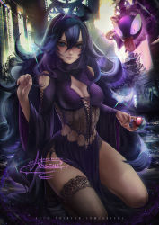 Rule 34 | 1girl, adapted costume, aura, axsen, blue eyes, blush, breasts, cleavage, cleavage cutout, clothing cutout, corset, creatures (company), dark aura, game freak, gastly, gen 1 pokemon, ghost, glowing, hex maniac (pokemon), highres, kneeling, lingerie, long hair, looking at viewer, medium breasts, nintendo, parted lips, pokemon, pokemon (creature), pokemon xy, purple hair, revealing clothes, see-through, smile, solo, underwear