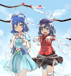 Rule 34 | 2girls, aaaabo, arm wrap, bandages, belt, blue eyes, blue hair, blue sky, branch, chinese clothes, cloud, day, dress, fang, female focus, fingernails, flower, flying sweatdrops, hair ornament, hair rings, hair stick, hat, highres, kaku seiga, leg wrap, light particles, light smile, miyako yoshika, multiple girls, one eye closed, outstretched arms, shawl, short hair, skirt, sky, star (symbol), tears, touhou, vest, wink, wrist wrap, zombie pose