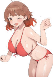 1girl ;d bikini breasts brown_hair commentary_request gakuen_idolmaster gradient_hair hanami_ume highres idolmaster large_breasts looking_at_viewer multicolored_hair nekoshoko one_eye_closed open_mouth red_bikini red_hair short_hair simple_background smile solo swimsuit white_background