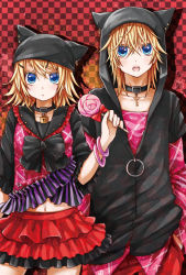 Rule 34 | 1boy, 1girl, animal ears, animal hat, blonde hair, blue eyes, bow, brother and sister, candy, checkered background, choker, food, hair ornament, hairclip, hat, hood, hoodie, kagamine len, kagamine rin, key, lock, lollipop, midriff, momomochi, siblings, skirt, twins, vocaloid
