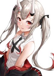 Rule 34 | 1girl, absurdres, bare shoulders, black bow, black jacket, black necktie, blouse, bow, collared shirt, dutch angle, grey hair, hair bow, highres, hololive, horns, jacket, lds (dstwins97), long hair, looking at viewer, multicolored hair, nakiri ayame, nakiri ayame (streetwear), necktie, oni, parted lips, red eyes, red hair, shirt, sidelocks, simple background, skin-covered horns, sleeveless, sleeveless shirt, solo, streaked hair, twintails, very long hair, virtual youtuber, white background, white shirt