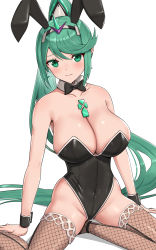 Rule 34 | 1girl, alternate costume, breasts, chest jewel, cleavage, earrings, gem, gonzarez, green eyes, green hair, hair ornament, headpiece, highres, jewelry, large breasts, leotard, long hair, nintendo, playboy bunny, pneuma (xenoblade), ponytail, simple background, solo, swept bangs, thighhighs, tiara, very long hair, white background, xenoblade chronicles (series), xenoblade chronicles 2