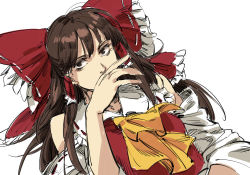 Rule 34 | 1girl, ascot, bow, brown eyes, brown hair, covering own mouth, detached sleeves, dutch angle, frilled bow, frills, hair bow, hair tubes, hakurei reimu, hand over own mouth, long hair, long sleeves, looking at viewer, red bow, red vest, ruukii drift, simple background, solo, touhou, upper body, vest, white background, yellow ascot