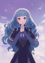 Rule 34 | 1girl, blue capelet, blue dress, blue hair, blue sky, braid, brown eyes, capelet, cloud, commentary, crown braid, dress, english commentary, eyelashes, fire emblem, fire emblem: three houses, fire emblem warriors: three hopes, highres, lilshironeko, long hair, loose hair strand, marianne von edmund, medium bangs, nintendo, official alternate costume, official alternate hairstyle, own hands together, parted lips, simple bird, sky, solo